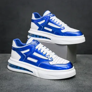 Blue and white men's air cushion sneakers with patent leather details for sports and casual wear