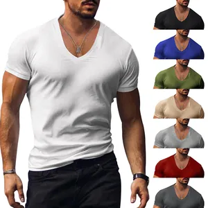 Men Slim Fit V-Neck Short Sleeve T-Shirt Cotton Blend Non-Iron Casual European Style Solid Color Muscle Workout Top