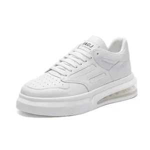 Stylish men's white chunky air cushion sneakers, minimalist platform casual sport shoes