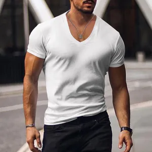 Detailed view of a mens slim fit white V-neck short sleeve T-shirt styled on a model.