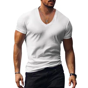 Detailed view of men's casual athletic fit V-neck plain white short sleeve T-shirt