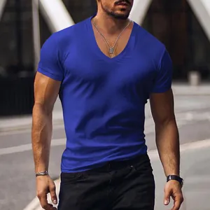 Men's royal blue V-neck T-shirt featuring casual short sleeves and a modern slim fit design