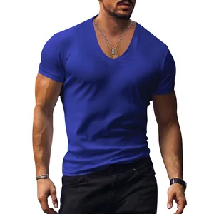 High-quality mens royal blue V-neck short sleeve cotton casual daily T-shirt