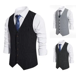 Men Vintage Pinstripe Suit Vest Single Breasted V Neck Casual Waistcoat Slim Fit Cotton Blend Vest With Adjustable Back