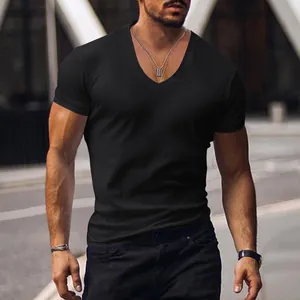 Close-up view of men's short sleeve V-neck t-shirt in black with muscle fit design
