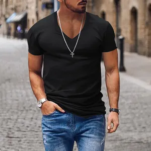 Detailed view of men's casual black V-neck short sleeve t-shirt in street setting