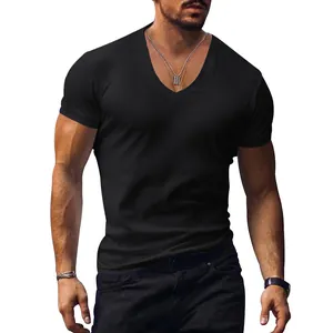 Men's slim fit V-neck black t-shirt in casual short sleeve style for athletic build.