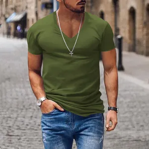 Close-up of olive green men's V-neck short sleeve T-shirt for casual wear