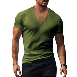 Close-up detail of olive green V-neck slim fit t-shirt for men made from soft cotton