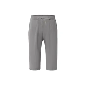 Gray men's casual linen cropped pants with elastic drawstring waist for summer wear