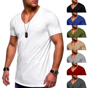 Men's V-Neck Short Sleeve T-Shirt Casual Slim Fit Solid Color Polyester Basic Tee Top For Summer Daily Wear