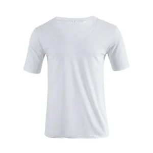 Detailed view of the V-neckline on a classic white short-sleeve cotton t-shirt