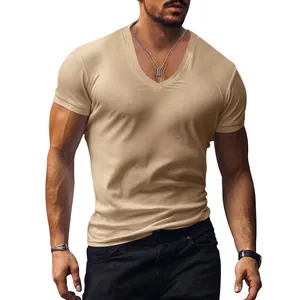 Close-up detail of khaki men's V-neck T-shirt showcasing the casual fit and fabric texture