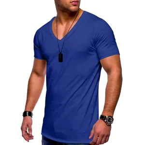 Macro detail view of the slim-fit Royal Blue V-neck cotton T-shirt for men's casual wear