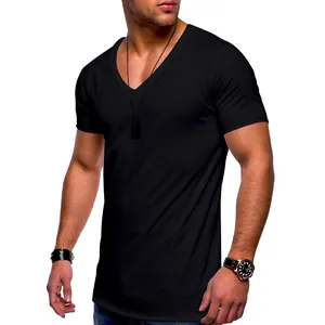 Detailed close-up of a men's black slim fit V-neck short sleeve T-shirt