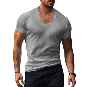 Detailed view of grey men's V-neck short-sleeved t-shirt with premium fabric texture