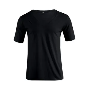 A professional studio shot of a classic black men's V-neck short sleeve summer T-shirt