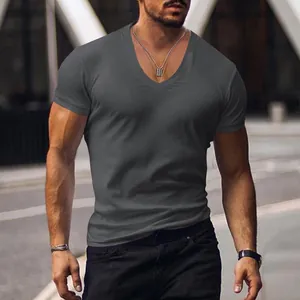 Close-up of a charcoal gray V-neck short sleeve men's T-shirt on a muscular model