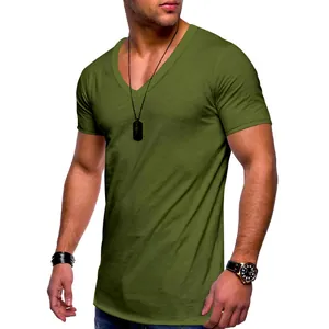 Close-up view of men's olive green V-neck T-shirt featuring high-quality cotton fabric