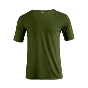 Mens slim fit army green V-neck short sleeve T-shirt for casual summer everyday wear