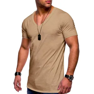 Men's casual khaki V-neck short-sleeved T-shirt shown in detail on a fit model