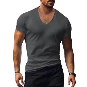 Detail shot of a men's slim fit V-neck T-shirt in charcoal grey solid color fabric