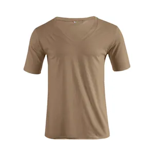 Men's V-neck khaki short sleeve t-shirt casual slim fit plain summer top for daily wear