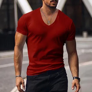 Men's stylish solid burgundy V-neck short sleeve T-shirt with a slim fit casual design