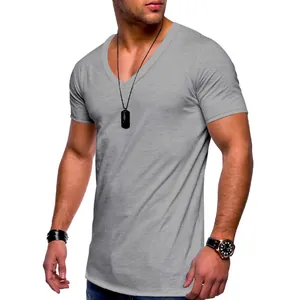 Detail view of a men's athletic fit v-neck short sleeve casual t-shirt in heather grey