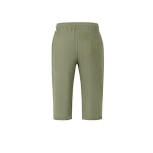 Back view of men's olive green linen casual pants with elastic waist and back pocket.
