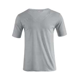 Close-up front view of a classic grey V-neck short sleeve casual T-shirt for men