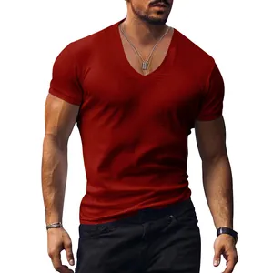 Detail view of men's slim fit V-neck t-shirt in deep red with high-quality fabric texture.