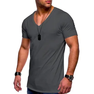 Detailed view of a dark grey men's slim fit V-neck T-shirt made of soft cotton fabric