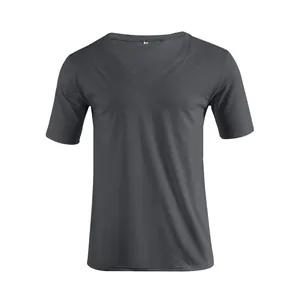 Close-up view of a dark grey V-neck short sleeve T-shirt for men with soft fabric texture