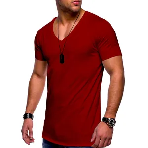 Close-up detail of a men's slim fit V-neck short sleeve T-shirt in deep red cotton fabric