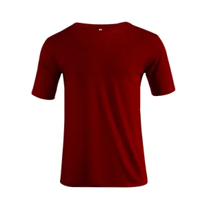 Detailed front view of a classic burgundy V-neck short sleeve T-shirt for men's casual wear.