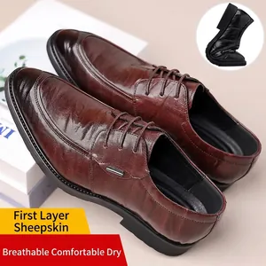 Premium brown men's business casual leather shoes with breathable first-layer sheepskin