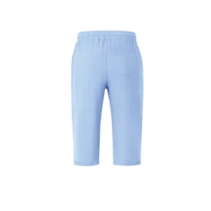 Back view of light blue linen casual cropped pants for men with elastic waist and pocket