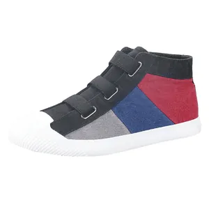 Stylish multi-color patchwork high-top canvas sneakers with triple hook-and-loop straps