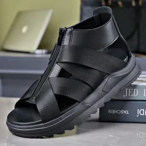 Sandalias de Estilo Romano de Caña Alta en Cuero Genuino para Hombre Moda de Verano con Cremallera Frontal Suela Gruesa Zapatos de Playa Casual Transpirable Antideslizante Sandalias Gladiator