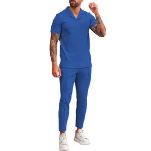 Close-up of men's blue waffle knit two-piece set with polo shirt and slim pants