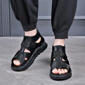 Sandalias romanas de cuero negro para hombre con cremallera frontal