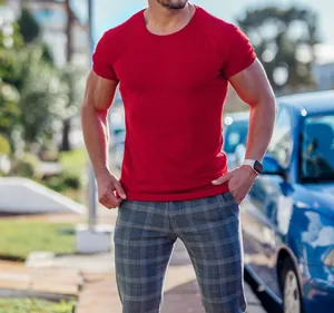 Close-up view of men's red slim fit vertical stripe short sleeve muscle fitness T-shirt