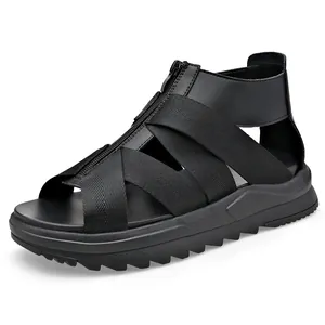Sandalias romanas altas de cuero para hombre con cremallera y suela dentada negra