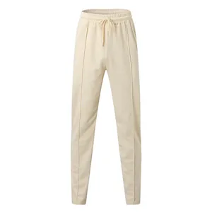 Men's waffle knit drawstring elastic waist casual straight leg trousers in beige color
