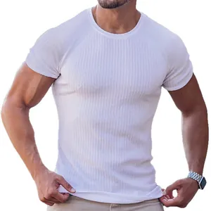 White slim fit ribbed men's short sleeve t-shirt for gym fitness and casual summer wear