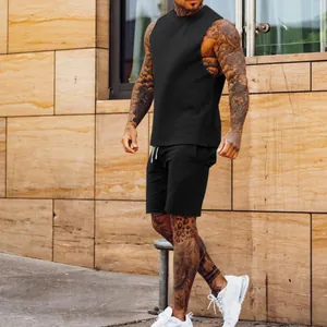 Men's athletic two-piece set featuring black sleeveless tank top and matching shorts