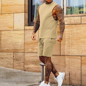 Men's khaki sports two-piece set featuring sleeveless tank top and drawstring shorts