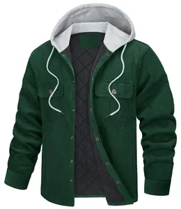 Close-up detail of men's green corduroy jacket with hood and quilted inner lining