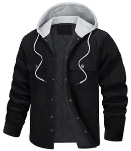 Detailed view of black corduroy men's hooded jacket with quilted lining and multi-pockets
